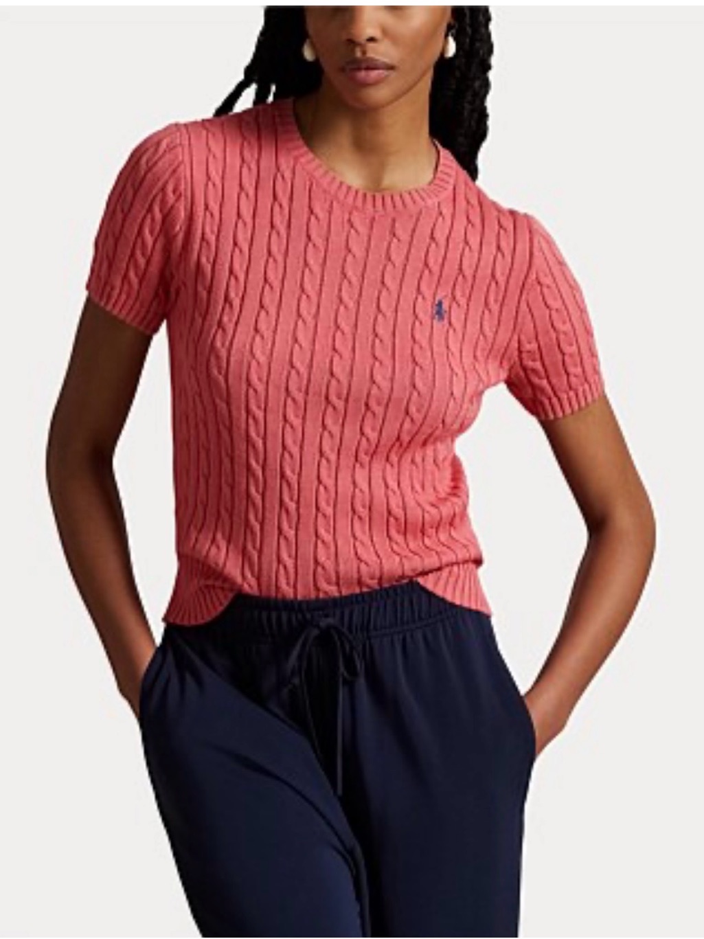 Ralph Lauren Coral Cable-Knit Short-Sleeve Crewneck Sweater